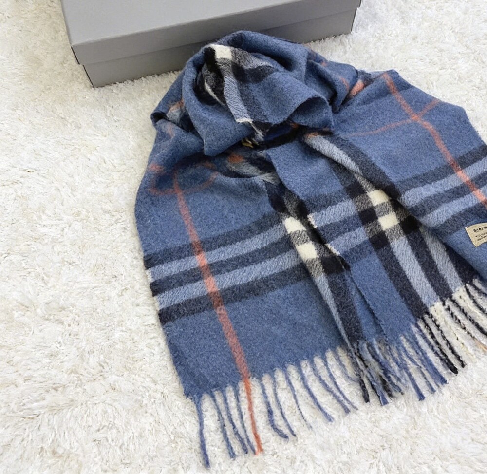 Burberry Blue Navy Check Fringe Scarf - Picture 2 of 6